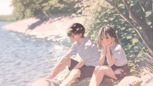 川で遊ぶカップル０