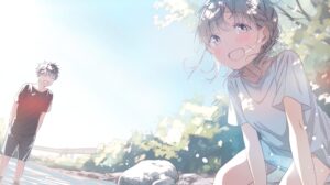 川で遊ぶカップル０