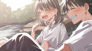 川で遊ぶカップル０