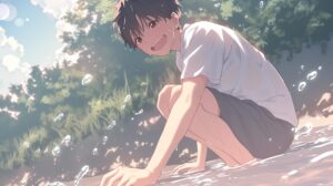 川辺で遊ぶ男子０