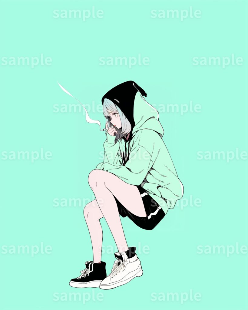 ミントグリーンのパーカーを着た女の子