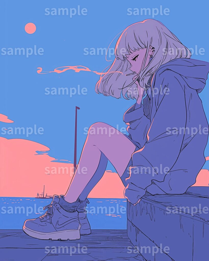 海辺でタバコを吸う女の子