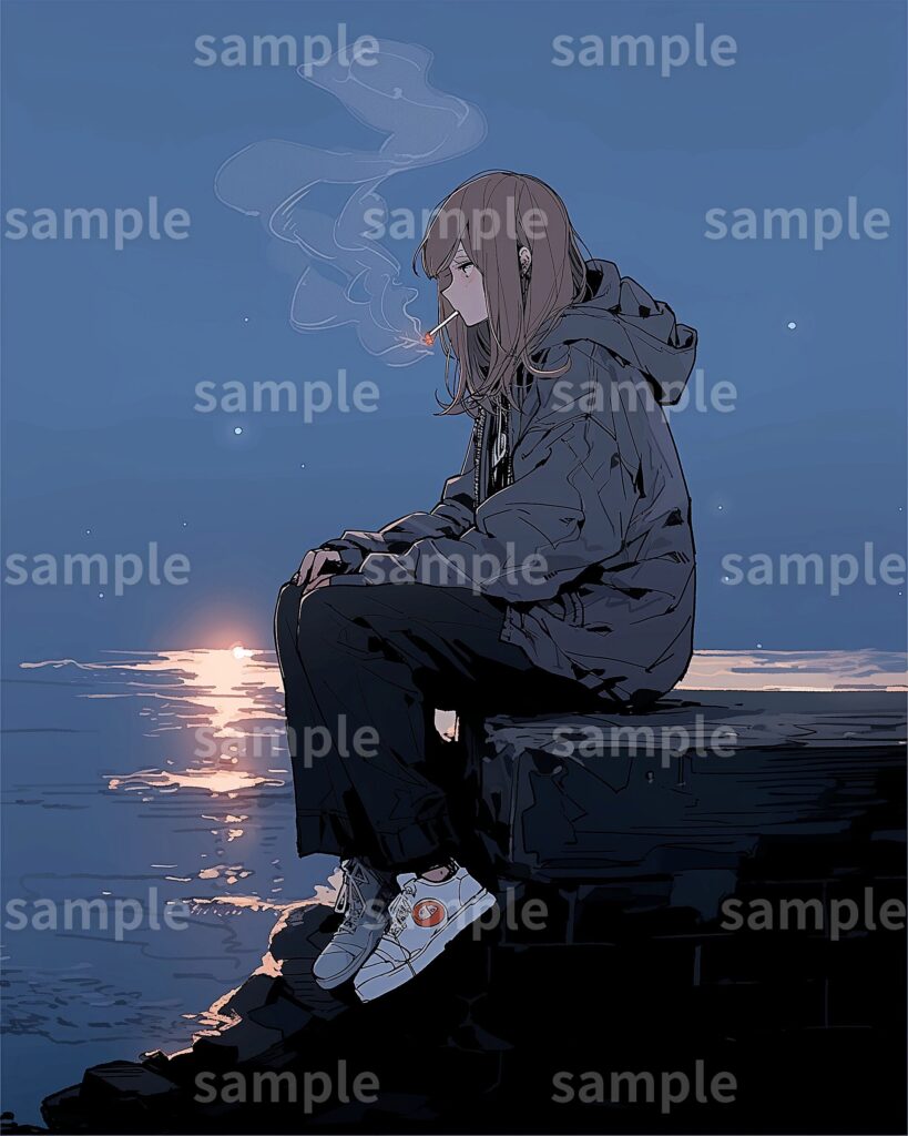 夕暮れの防波堤にいる女の子