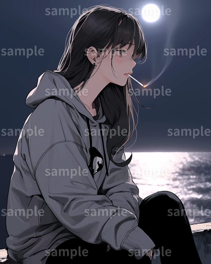 夜の海を眺める女の子