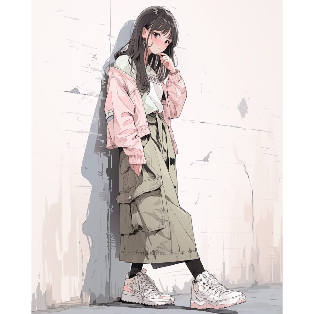 ピンクジャケット＆ロングスカートのおしゃれ女子イラスト