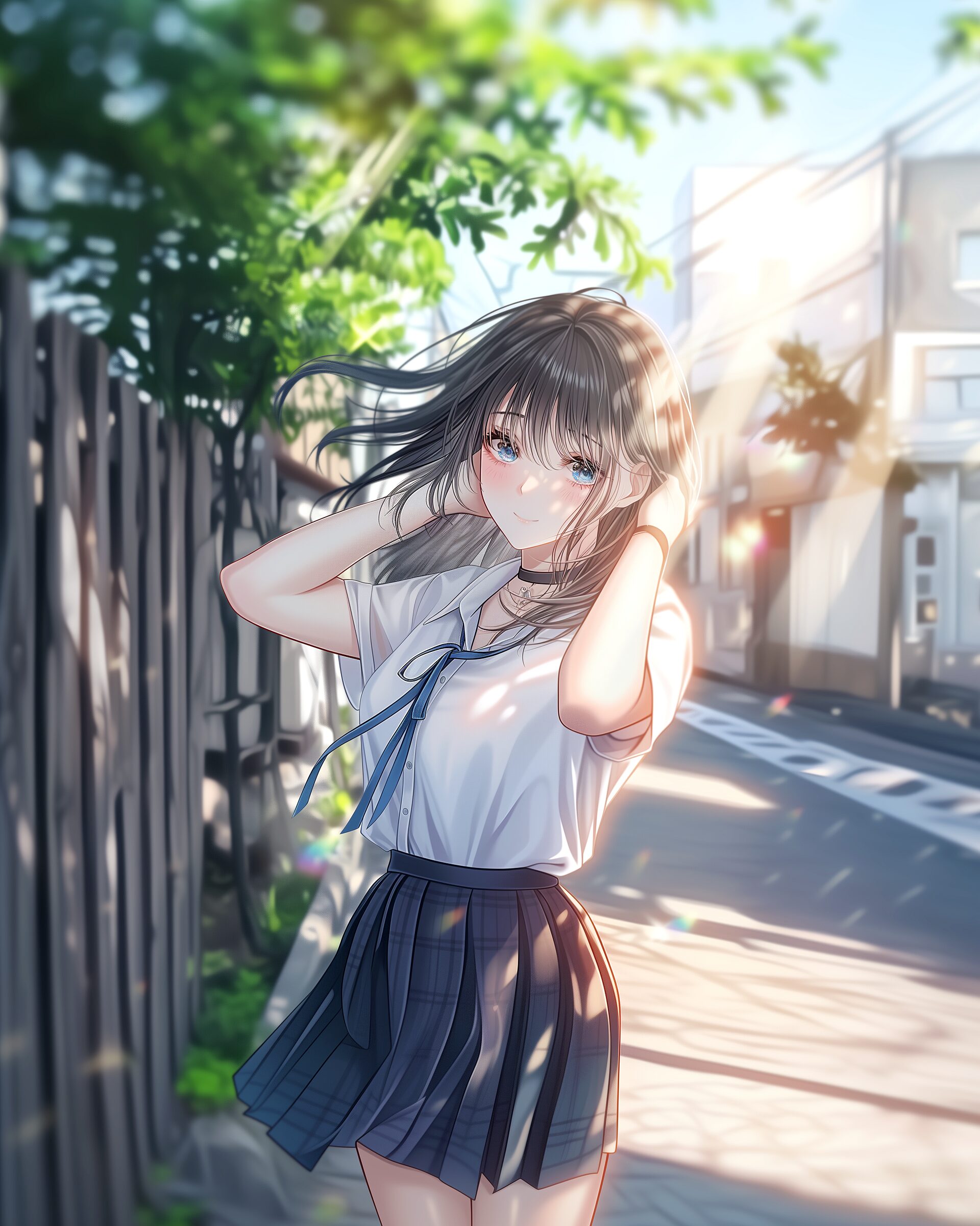 夏の朝、通学する可愛い女子高生イラスト0