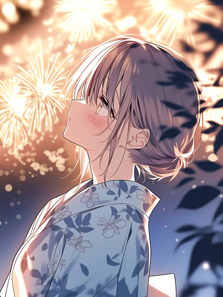 【壁紙】花火を観る美しい女性の横顔イラスト０１