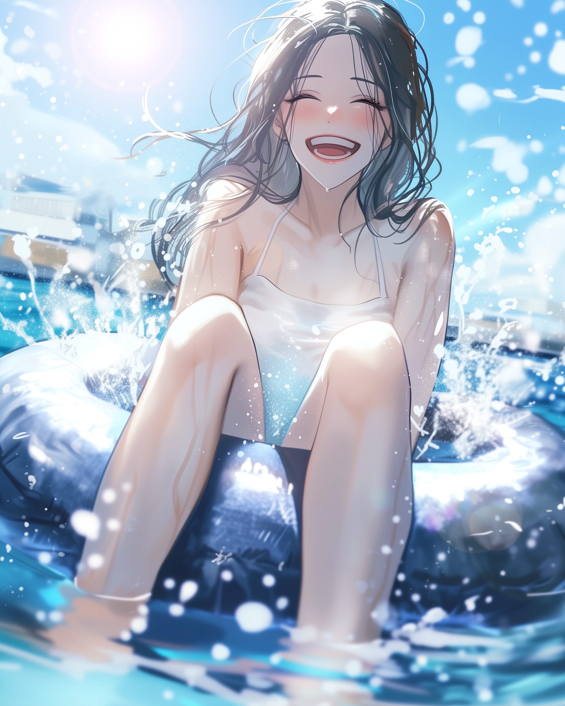 夏の海で浮き輪に乗って遊ぶ笑顔の女性イラスト0