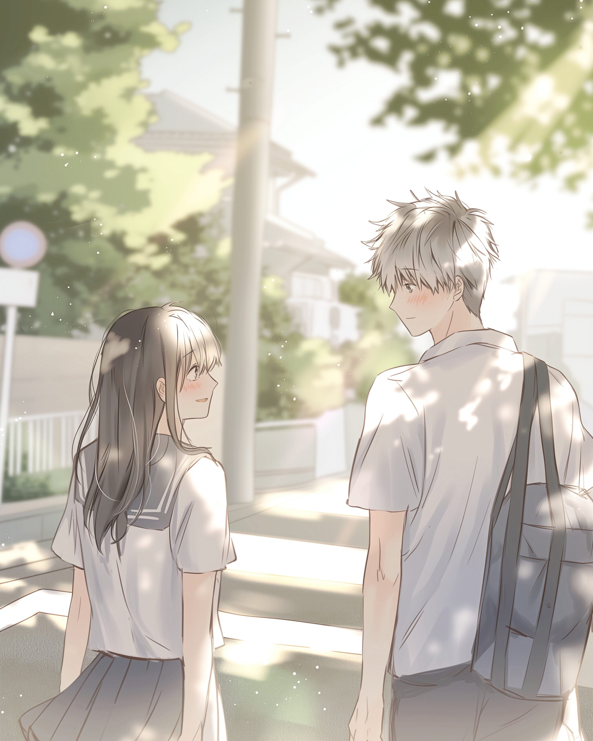 夏の学校の帰り道・エモいカップルイラスト0
