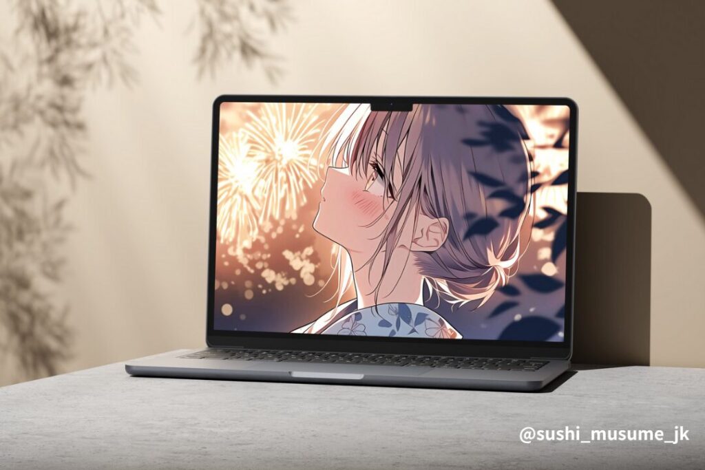 花火を観る美しい女性の横顔イラスト０１