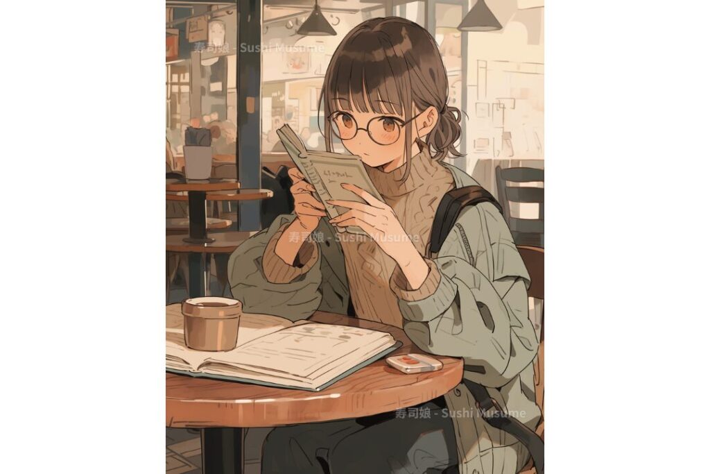オシャレなカフェで読書する女の子イラスト