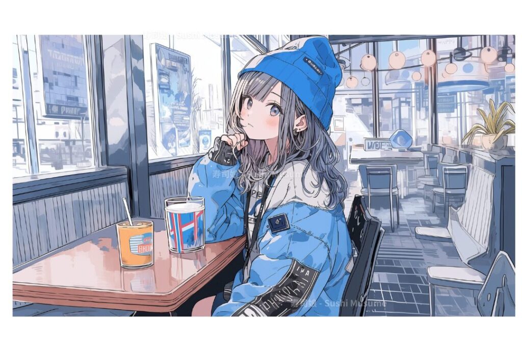 おしゃれなブルーファッション女子のイラスト
