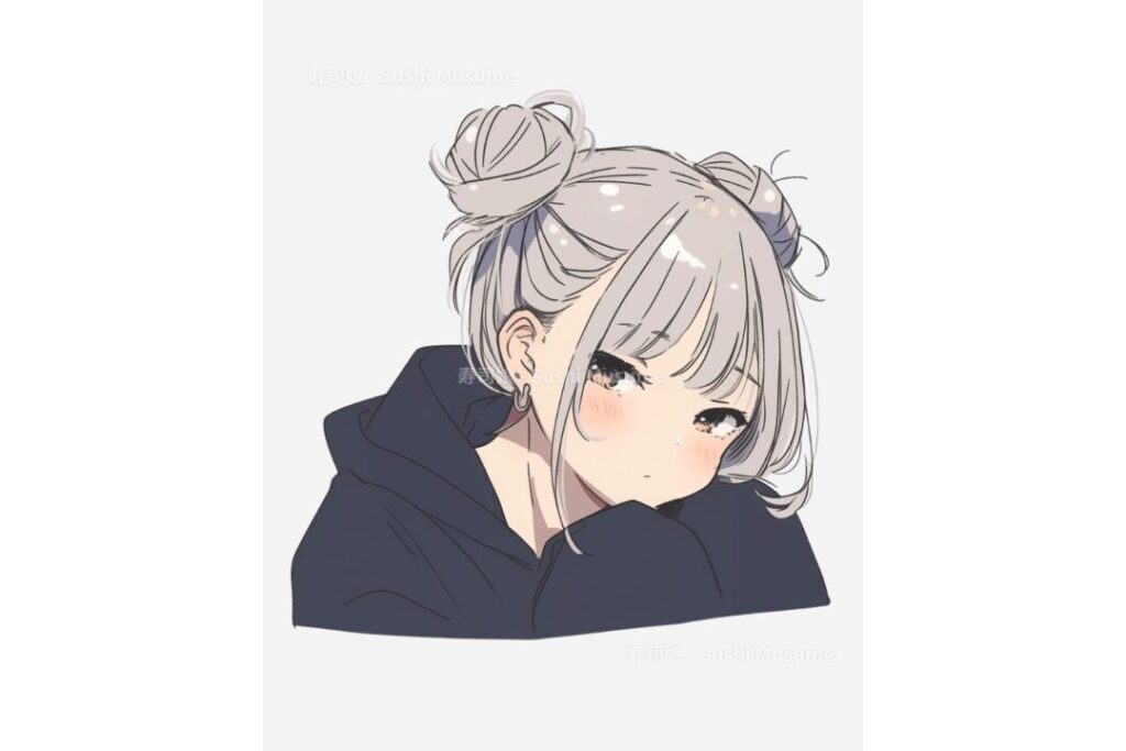 シルバーヘアのお団子女子イラスト