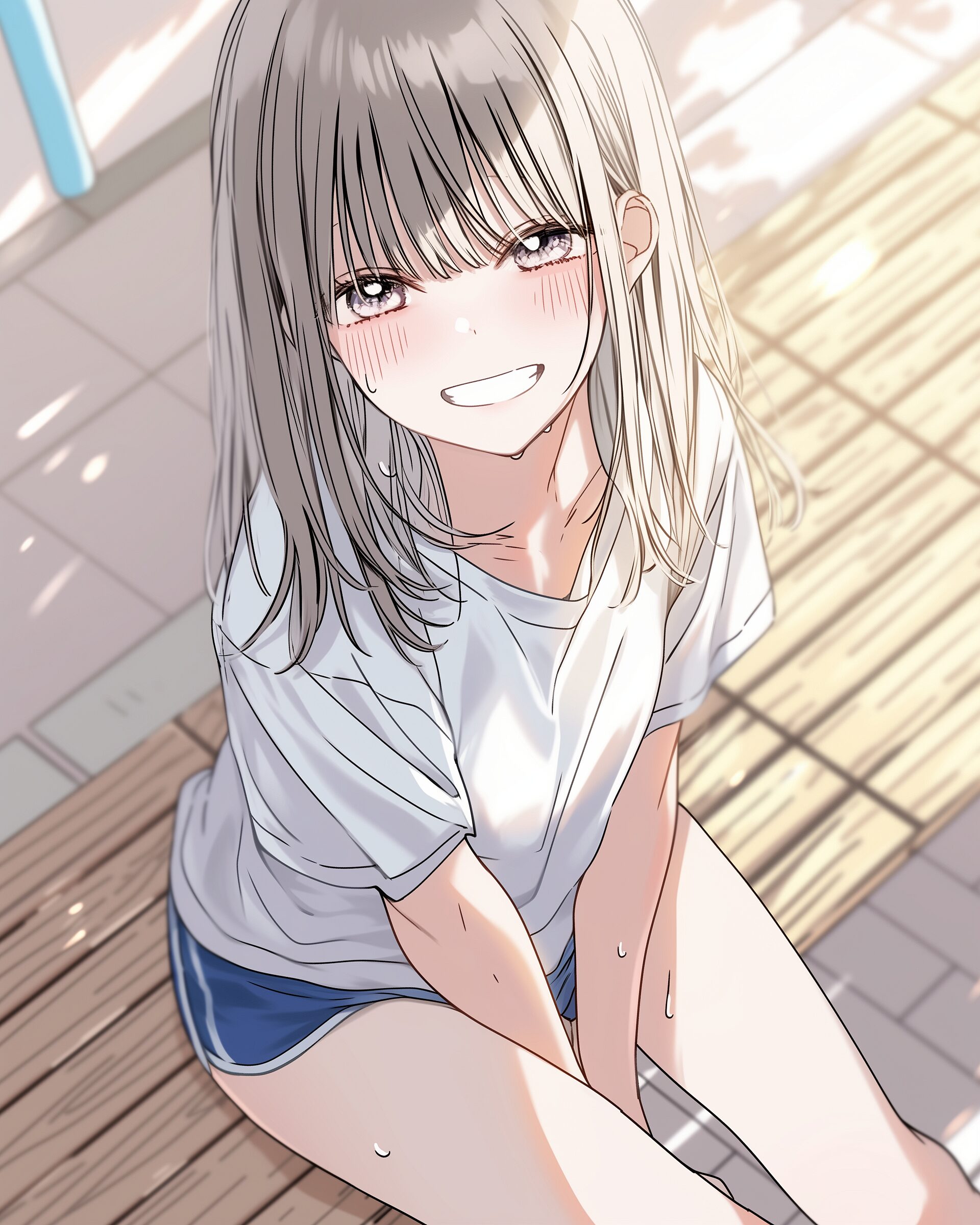 運動後に休憩する笑顔の女の子イラスト0