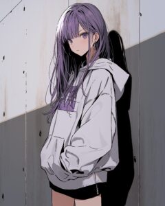 パーカーを着た紫髪の女の子イラスト