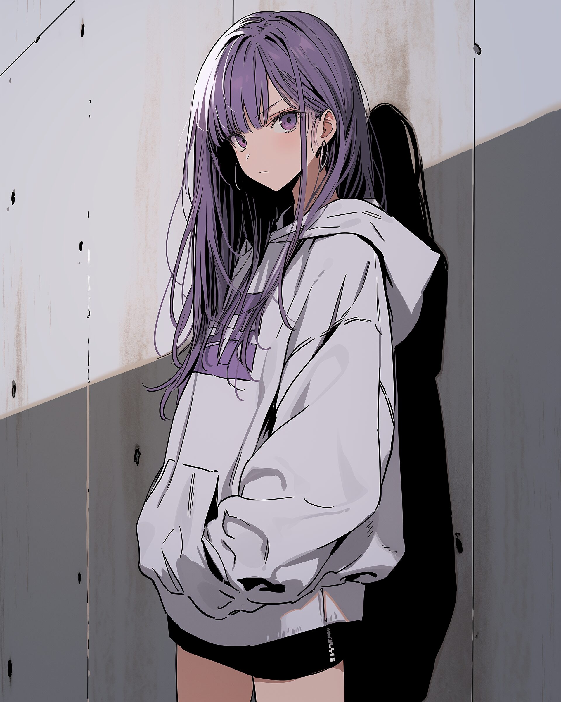 パーカーを着た紫髪の女の子イラスト