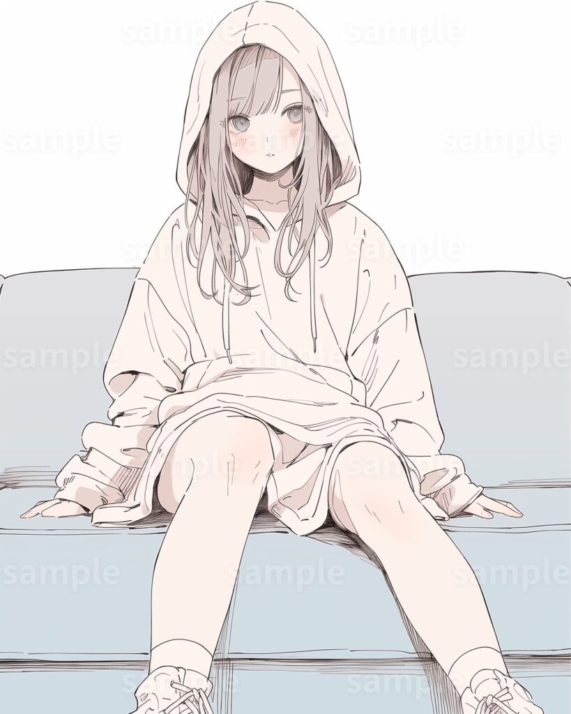 ソファに座るパーカー女子