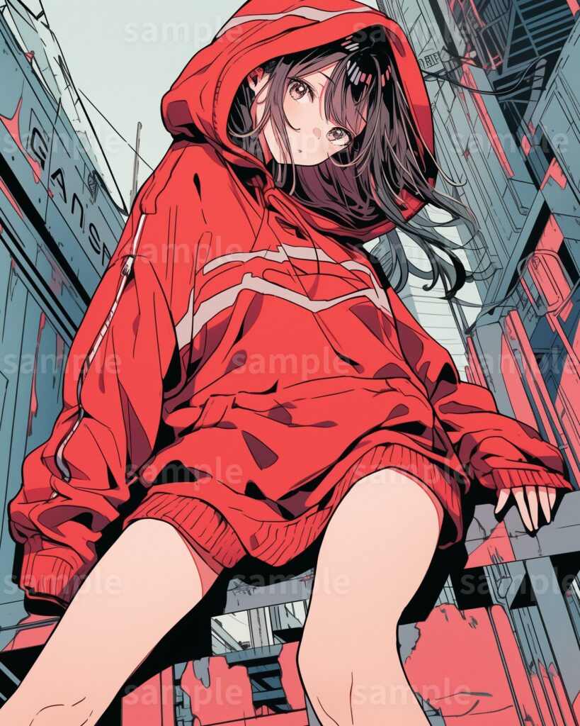 クールな赤パーカー女子