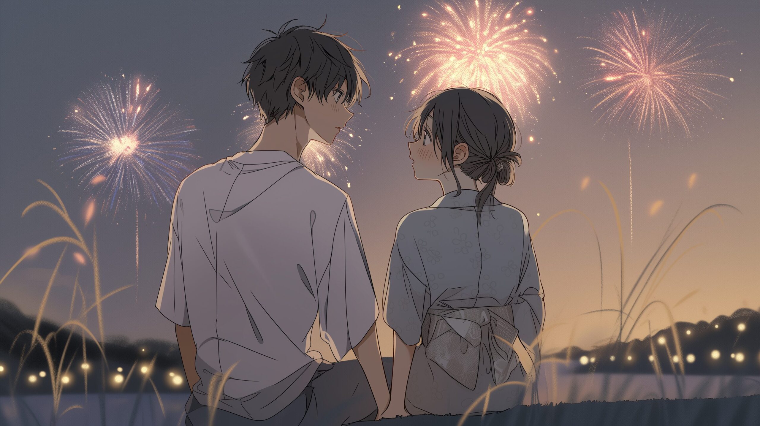 見つめ合うカップルイラスト・花火大会0
