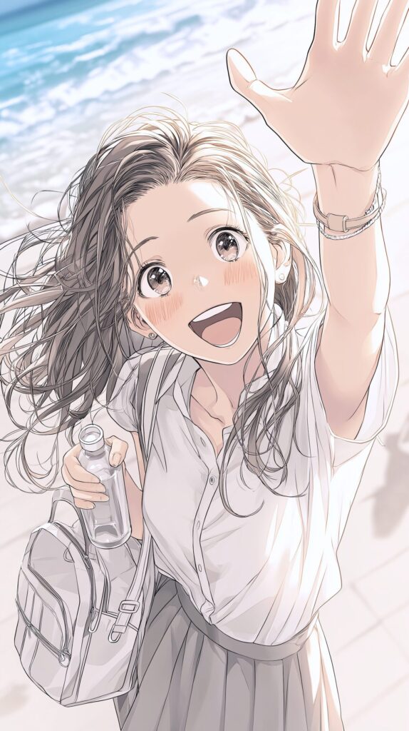 手を振る笑顔の女子高生イラスト０
