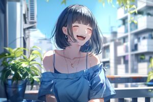 笑顔がかわいい夏服を着た黒髪ボブの女の子イラスト