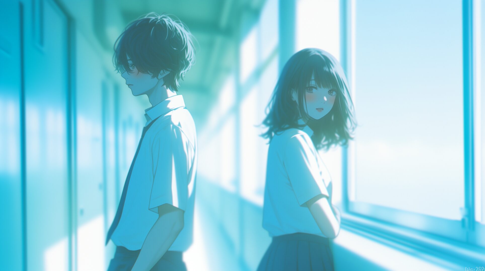 学校の廊下にいる男女