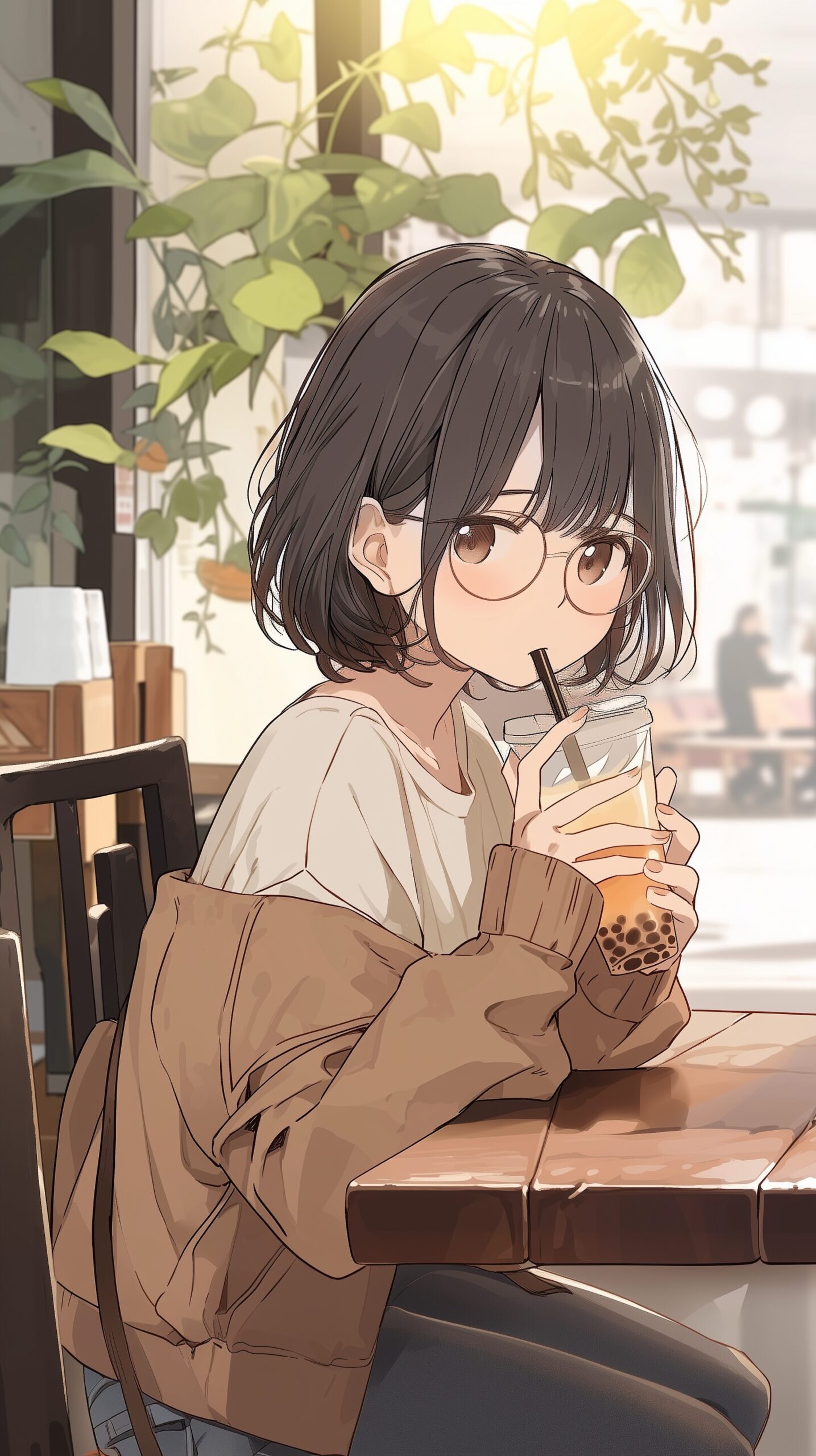 【壁紙】カフェでタピオカドリンクを飲む女の子イラスト(橘 柚)