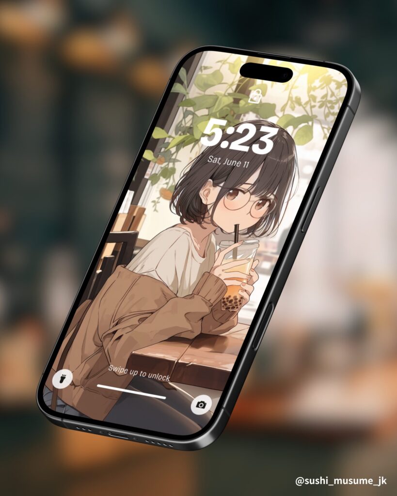 【壁紙】カフェでタピオカドリンクを飲む女の子イラスト(橘 柚)