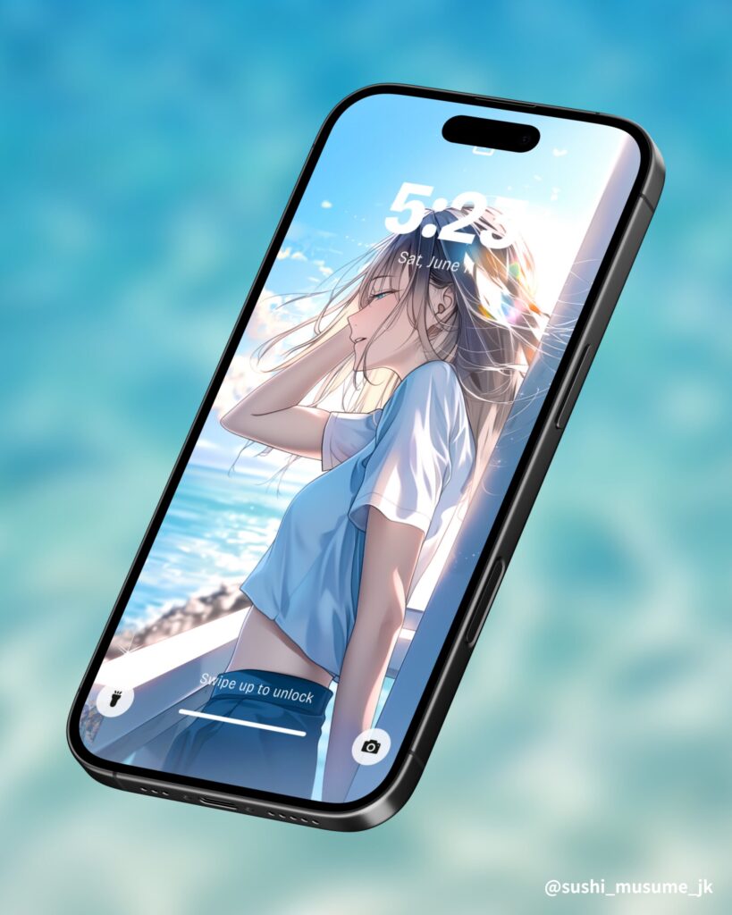 海を眺めるクールなロングヘアの女性イラスト
