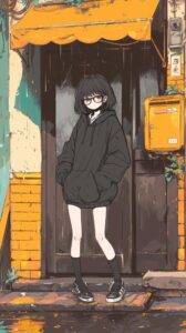 【壁紙】雨宿りする黒髪ボブの女の子イラスト・橘 柚