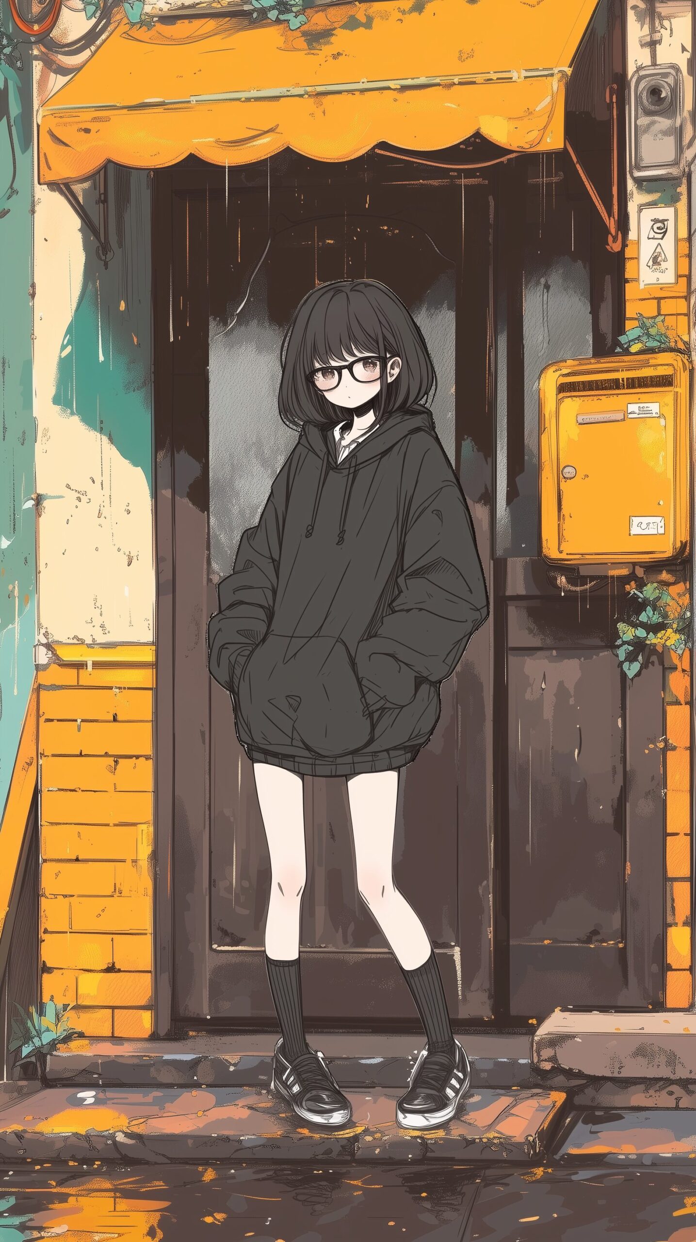 【壁紙】雨宿りする黒髪ボブの女の子イラスト・橘 柚