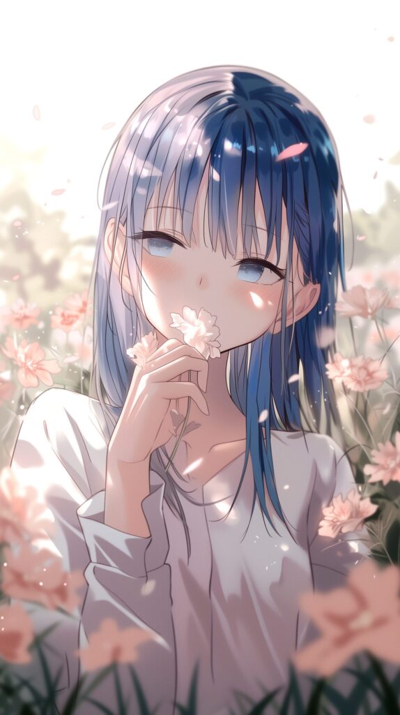 【壁紙サイズ】お花畑にいる可愛い青髪の女の子イラスト(月森さん)