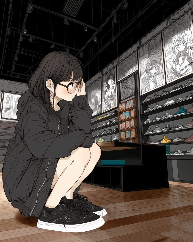 靴を選ぶ黒髪ボブヘアのメガネ女子イラスト（橘 柚）