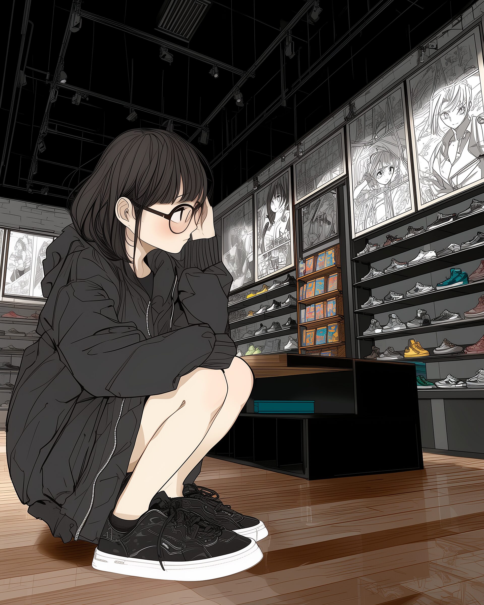 靴を選ぶ黒髪ボブヘアのメガネ女子イラスト(橘 柚)