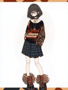 黒髪ボブヘア眼鏡女子のイラスト０