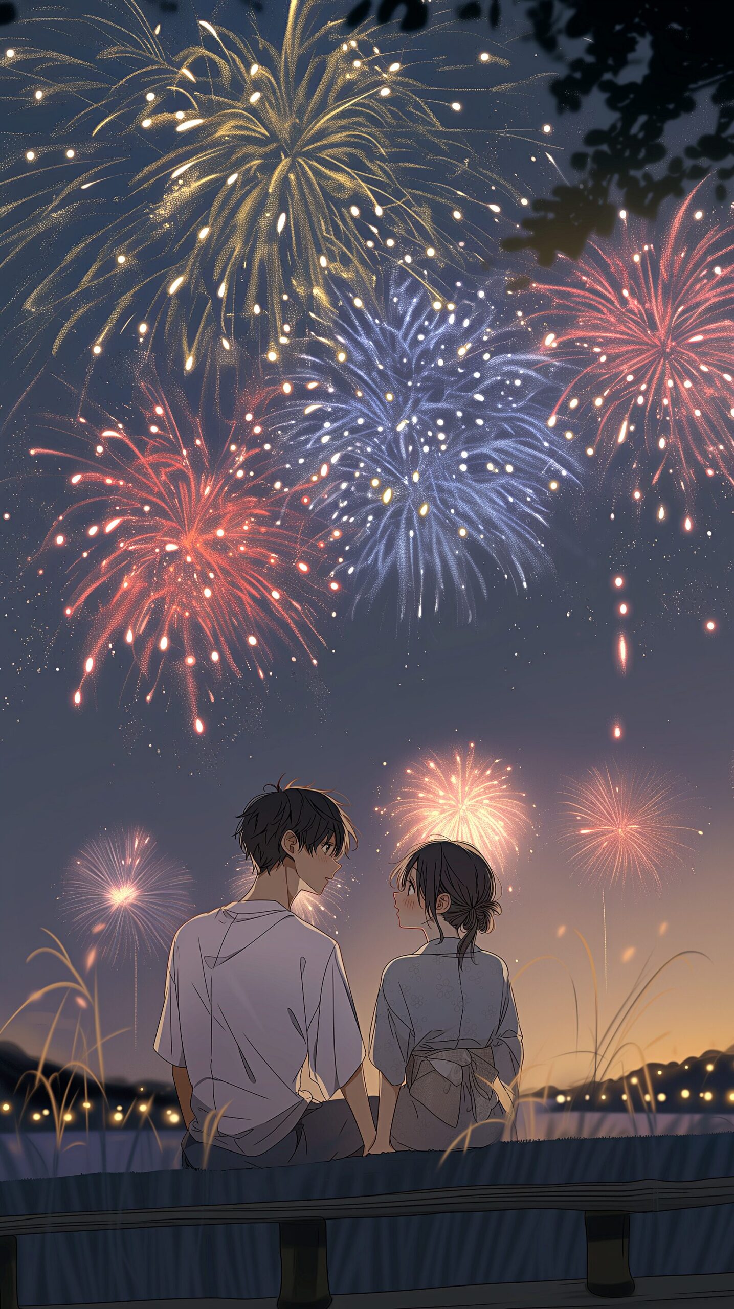 【壁紙】花火大会に来たカップルの後ろ姿イラスト