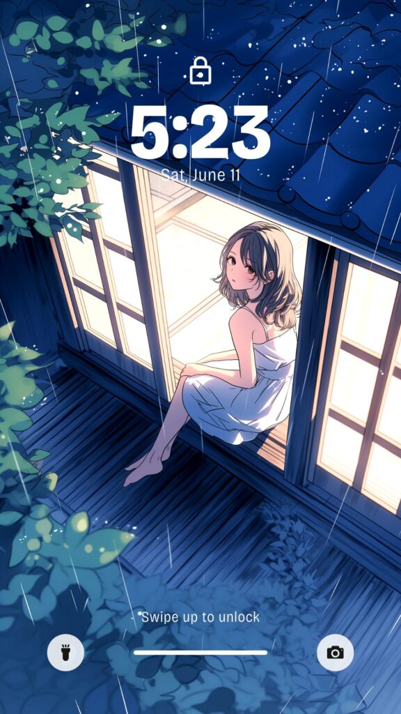 【壁紙】雨の日に窓際で空を眺める女の子イラスト