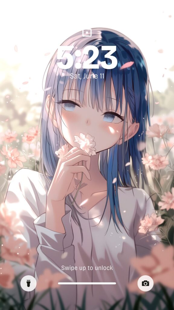 【壁紙サイズ】お花畑にいる可愛い青髪の女の子イラスト（月森さん）