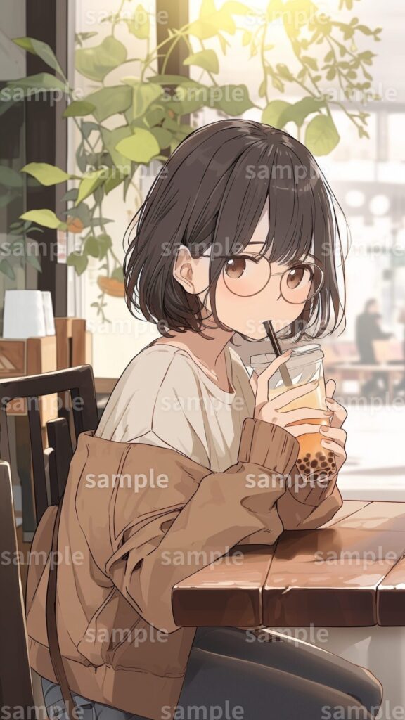 4.タピオカを飲む黒髪ボブの女の子イラスト