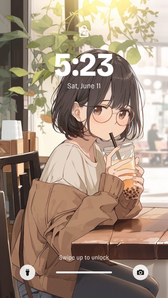 【壁紙】カフェでタピオカドリンクを飲む女の子イラスト(橘 柚)