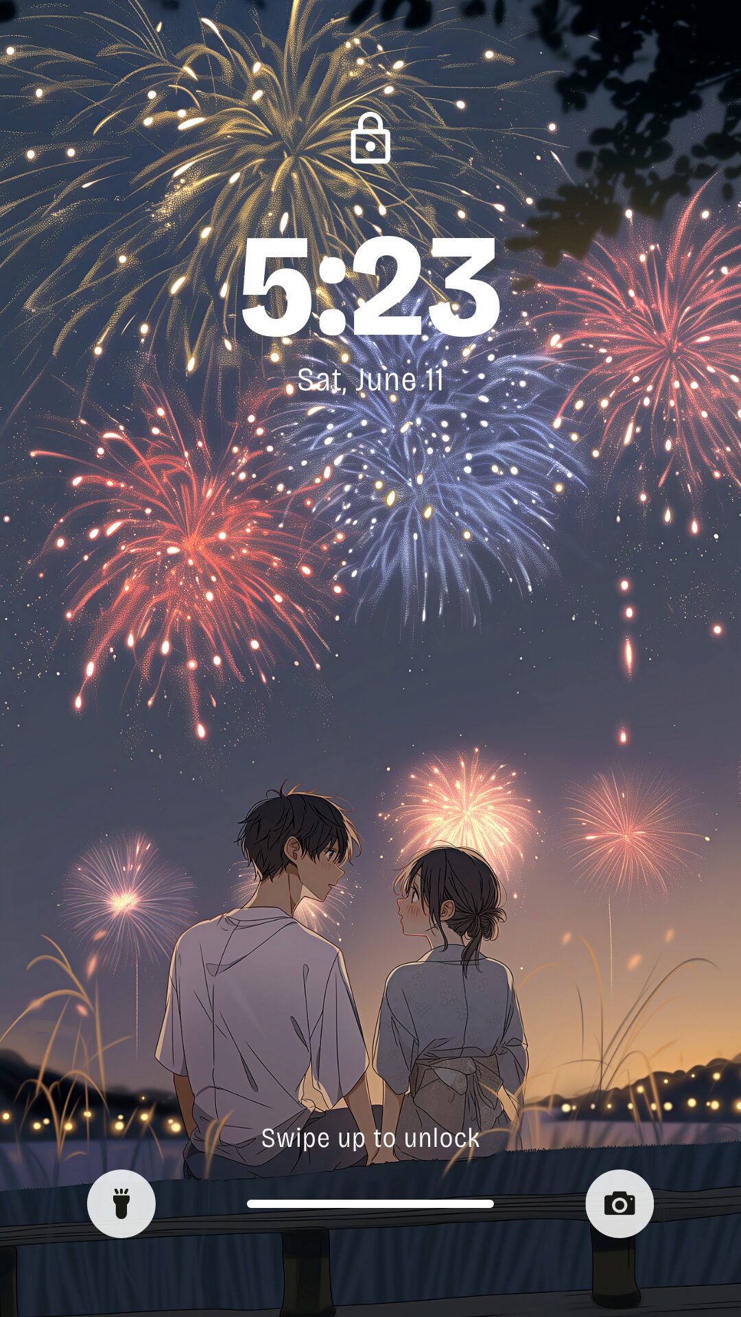 【壁紙】花火大会に来たカップルの後ろ姿イラスト