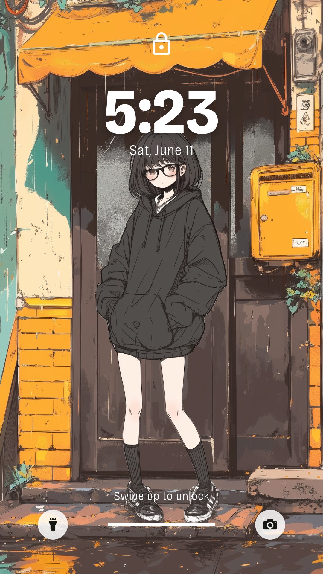 【壁紙】雨宿りする黒髪ボブの女の子イラスト・橘 柚01