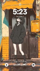 【壁紙】雨宿りする黒髪ボブの女の子イラスト・橘 柚０２