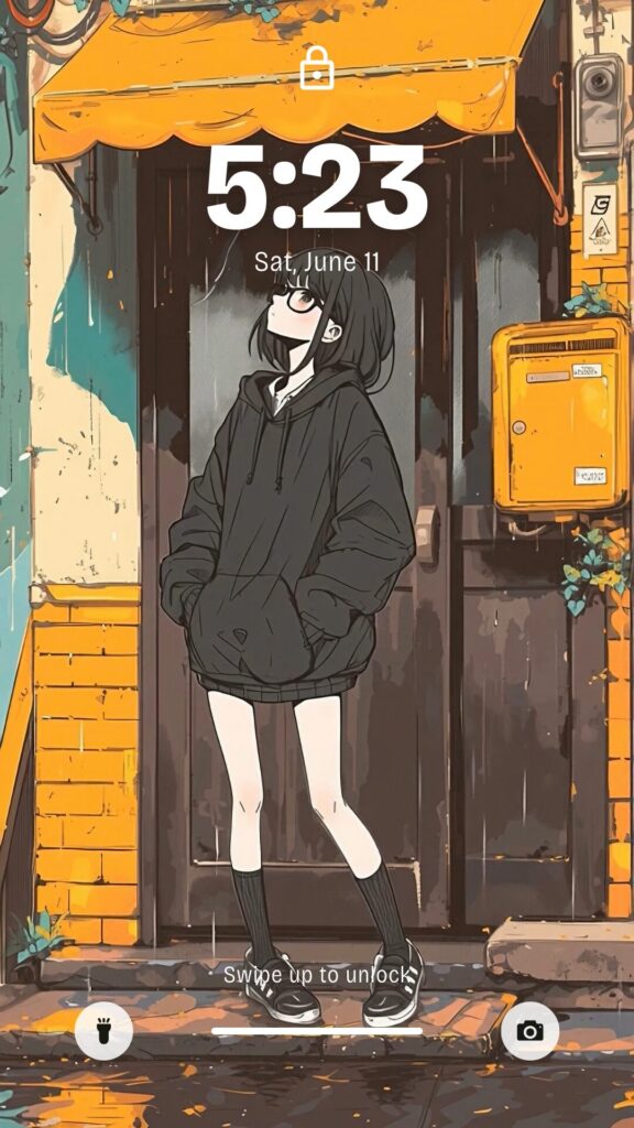 【壁紙】雨宿りする黒髪ボブの女の子イラスト・橘 柚０２
