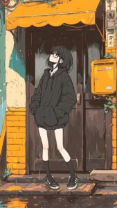 【壁紙】雨宿りする黒髪ボブの女の子イラスト・橘 柚０２