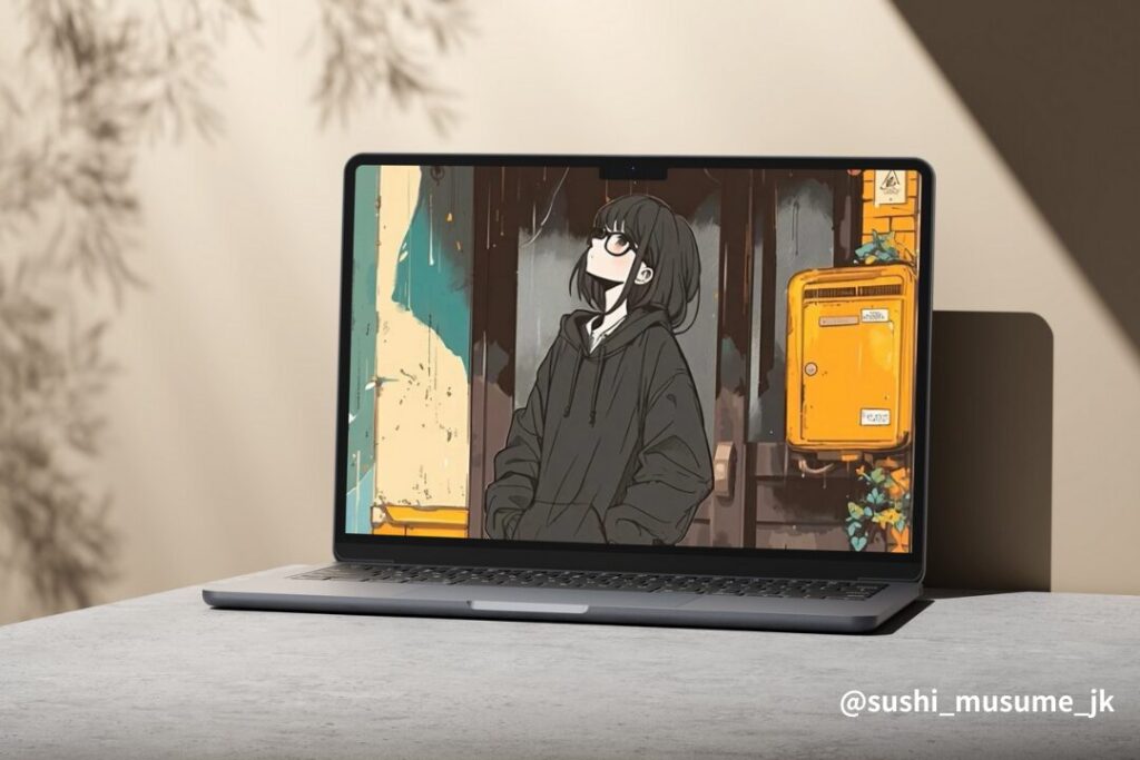 【壁紙】雨宿りする黒髪ボブの女の子イラスト・橘 柚０２
