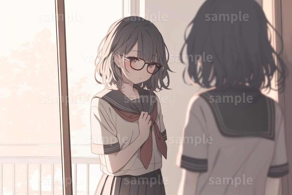 5.鏡の前に立つ黒髪ボブの女の子