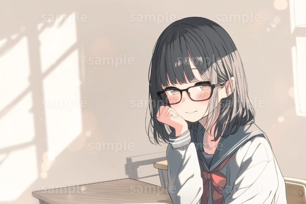 7.頬に手を当てる黒髪ボブのJKイラスト