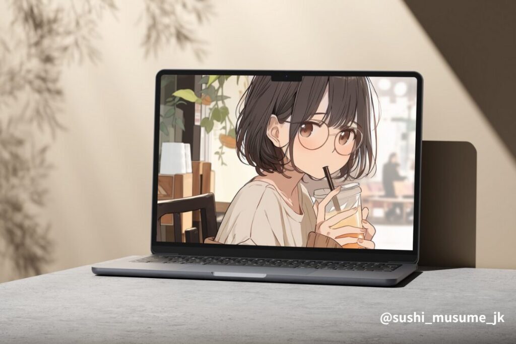 【壁紙】カフェでタピオカドリンクを飲む女の子イラスト(橘 柚)