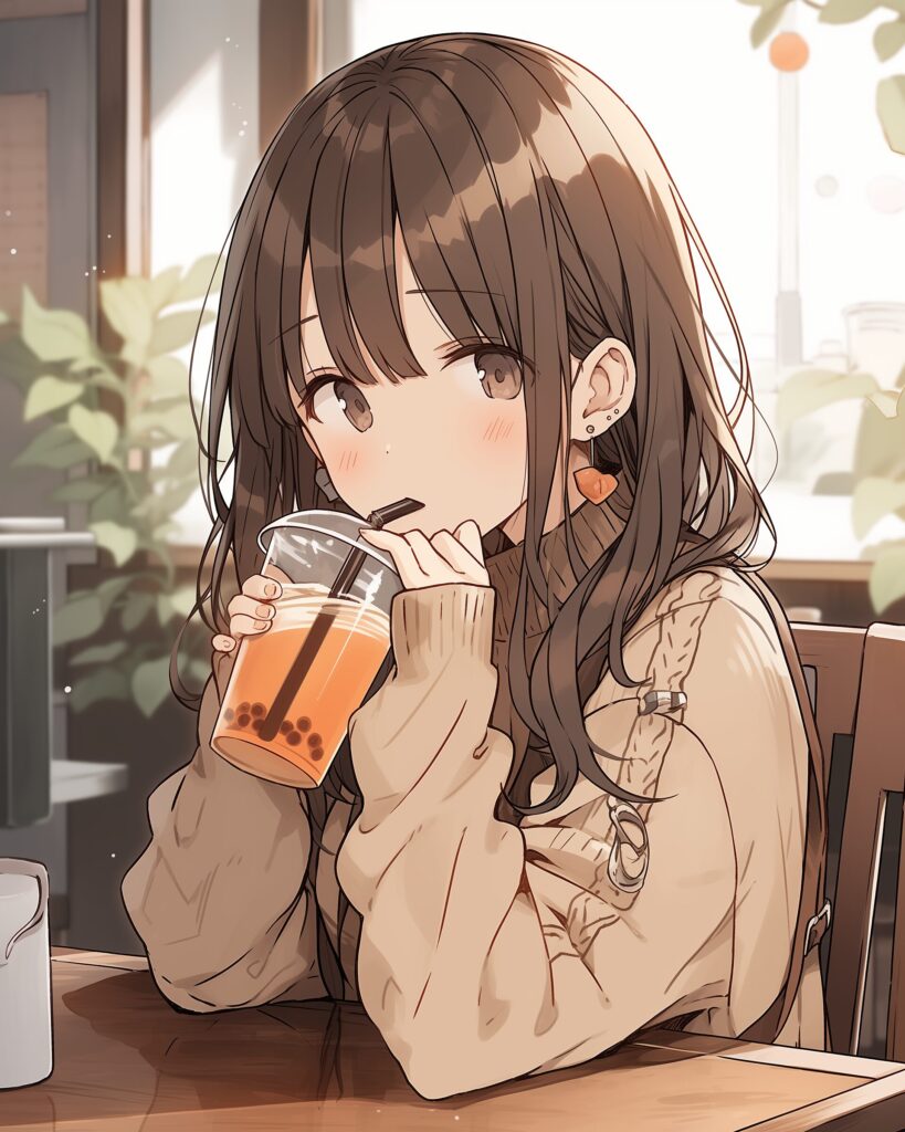 タピオカドリンクを飲んでいる女の子イラスト０